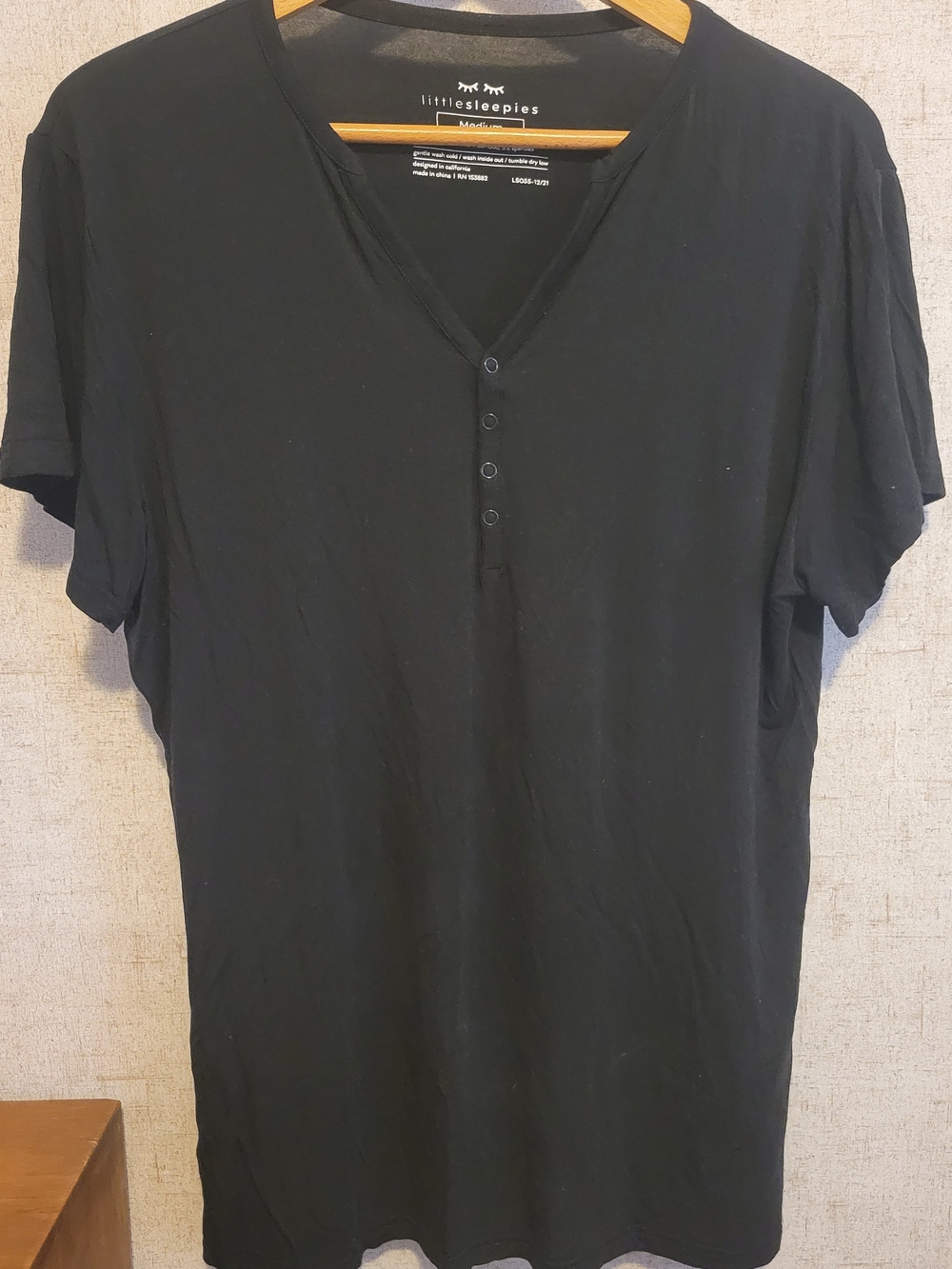 Little Sleepies Black Short Sleeve Henley Tee, Medium